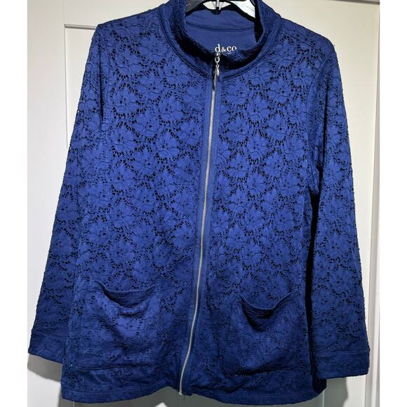 Denim + Company Royal Blue Soft Cotton Blend Cardigan Floral Lace Women's 1X - Picture 1 of 7